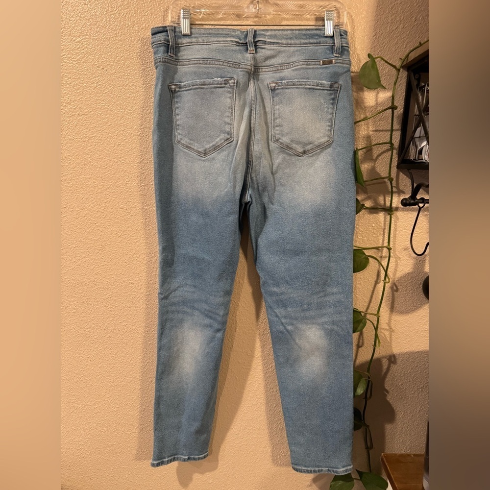 Kancan Women's Blue Distressed Denim Button Fly High Rise Mom Jean - Picture 5 of 7